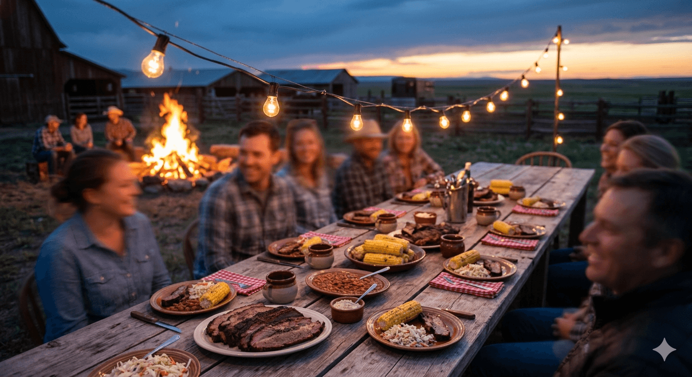 Communal ranch BBQ dinner under string lights