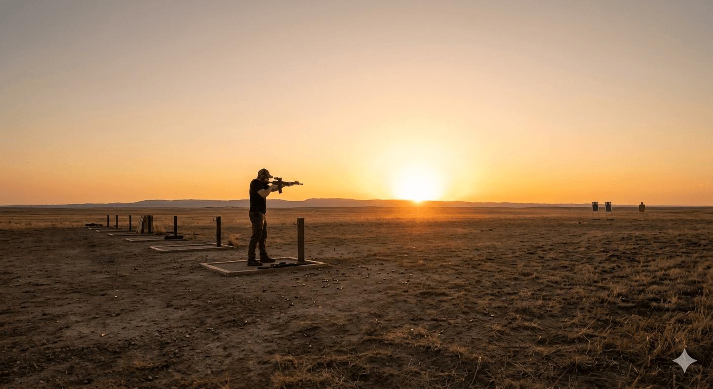Long-range shooting at the firing line during sunset