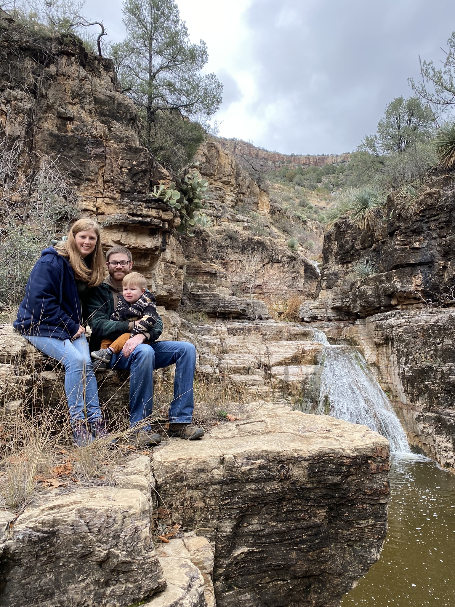 Family at a waterfall