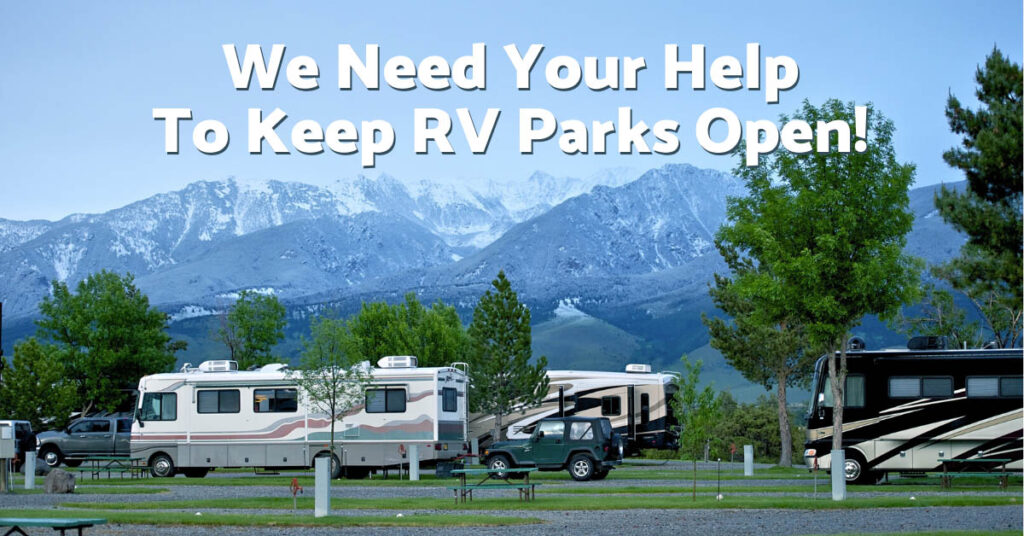 RV park with We Need Your Help layered on top